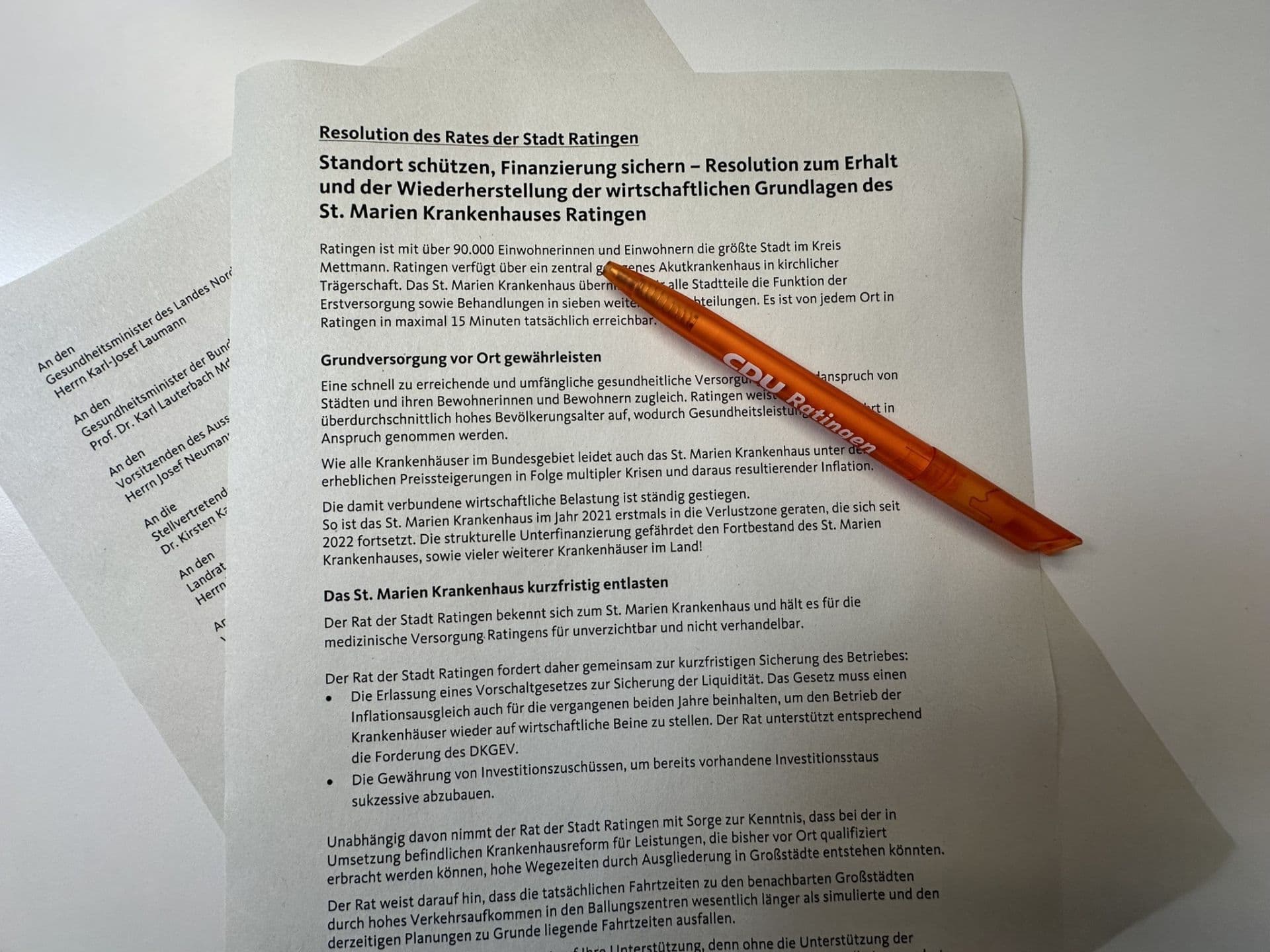 Der Hauptausschuss beschließt Resolution zur Unterstützung und finanziellen Stärkung des St. Marien Krankenhauses